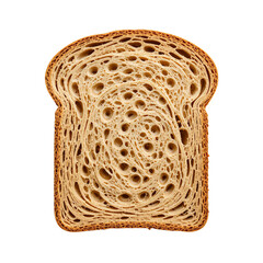 Close up of a single slice of bread with a unique swirled porous texture The bread is light brown