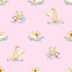 Seamless pattern of Cute white duck swimming Hand Drawn on pink Background	