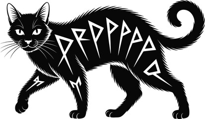 Black cat with runes on its body feline animal