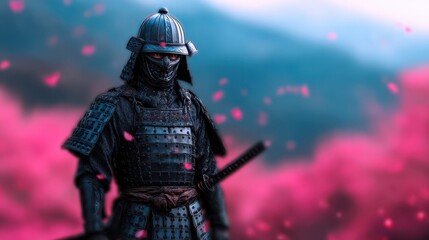 Fototapeta premium A striking warrior in traditional armor stands against a backdrop of swirling pink petals, evoking a sense of historical elegance and mystique.