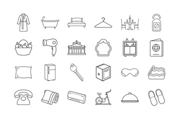 Hotel Icon Set. Hospitality, hotel services, luggage, room service, bed, bath, key, fridge, restaurant, amenities, travel, concierge, and more. Editable stroke. Vector illustration.