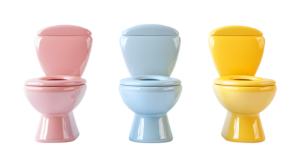 Colorful toilet bowl collection featuring pink blue and yellow tones on a clean white background minimalist bathroom decor