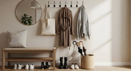 Neutral entryway with woven bench and coat rack, Minimalist entryway decor in beige tones with a coffee tote bag and umbrellas