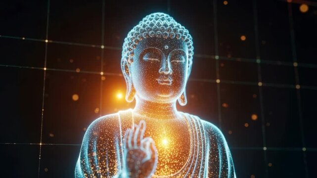 A luminous digitally-rendered statue of Buddha with a serene expression surrounded by a cosmic backdrop of glowing particles and a grid pattern suggesting a blend of spirituality and technology