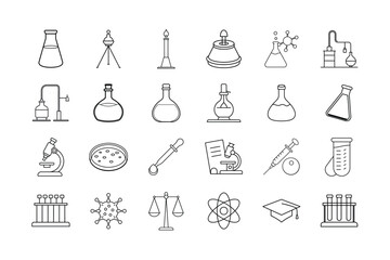 Science Research Icon Set. Laboratory equipment, chemistry, test tubes, microscope, beaker, flask, syringe, petri dish, DNA, research, science, and more. Editable stroke. Vector illustration.