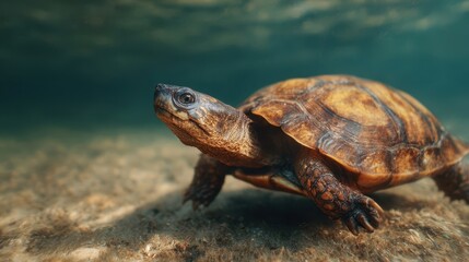 Obraz premium A close-up of a turtle swimming underwater, showcasing its intricate shell and serene expression in a natural aquatic environment.