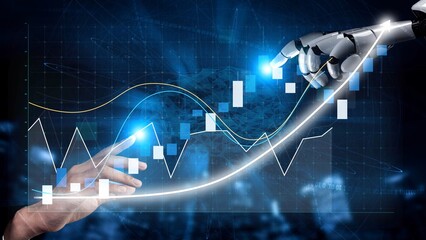A visually striking image showcasing the collaboration between a human hand and a robotic hand analyzing financial data with a growing graph, symbolizing innovative technology in finance. Copula