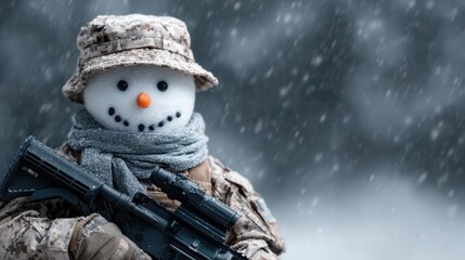 A snowman dressed as a soldier stands in a snowy landscape, holding a firearm, blending humor and seriousness in an unusual scene.