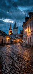 Obraz premium Cobblestone street at dusk, winding through old town with historic towers