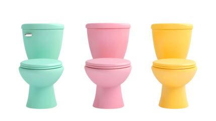 Three colorful toilet bowls in green pink and yellow against white background
