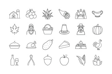 Thanksgiving Celebration Icon Set. Harvest, turkey, pumpkin, pie, feast, pilgrims, candles, apple, corn, family gathering, and more. Editable stroke. Vector illustration.