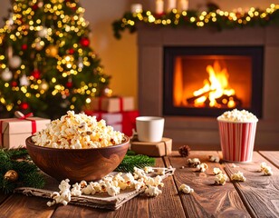 Christmas popcorn near fireplace