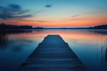 Fototapeta premium serene meditation on a pier stretching into a calm lake at twilight