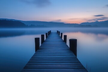 Obraz premium serene meditation on a pier stretching into a calm lake at twilight