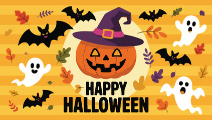 A halloween themed background with pumpkin in a witch hat surrounded by bats and ghosts and autumn leaves