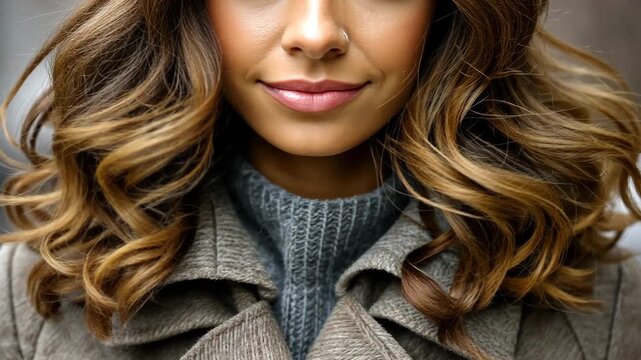 Stylish woman in cozy winter attire showcases effortless fashion in a city setting during a chilly afternoon