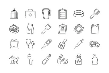 eterinary Icon Set. Pet care, animals, veterinary clinic, medical tools, vaccination, animal hospital, pet grooming, stethoscope, syringe, and more. Editable stroke. Vector illustration.