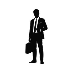 Silhouette of a businessman holding a briefcase standing on a white background