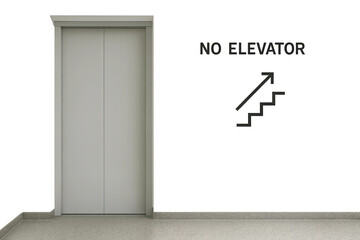 Closed elevator with no elevator sign and stair symbol on gray wall, tiled floor