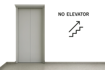 Closed elevator with no elevator sign and stair symbol on gray wall, tiled floor