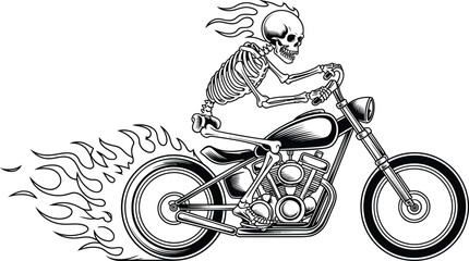 Skeleton riding a motorcycle with flames biker