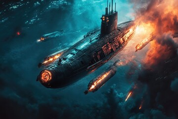 underwater war with futuristic submarines firing torpedoes in dark ocean depths