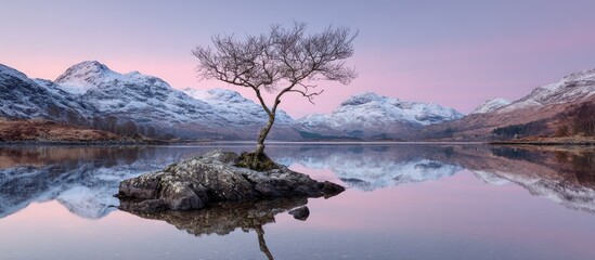 A solitary tree on a rocky isle, reflecting in a serene winter lake, with snow-capped mountains in the background, bathed in a soft, pastel light
