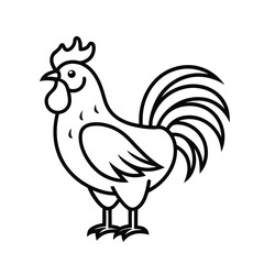 A black and white outline drawing of a cheerful rooster standing with its tail feathers fanned out.