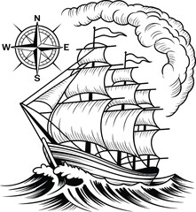 Sailing ship on rough seas with compass and smoke boat