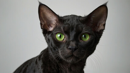 Stylish portrait of a Devon Rex cat with big eyes and soft curls, photographed in studio.