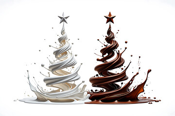 Two unique Christmas trees crafted from flowing white milk and dark chocolate against a clean white backdrop creating a festive dessert concept