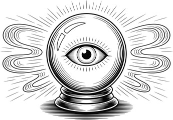 Crystal ball with an all-seeing eye and radiating light