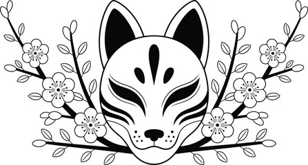Japanese Kitsune fox mask with cherry blossoms folklore