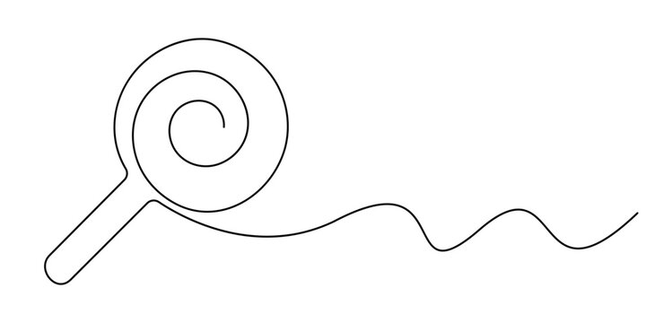 Continuous line drawing of lollipop, spiral hard sugar candy on stick. Vector sketch of round caramel with striped swirls in one black contour isolated on white background, One line Lollypop. Simple. 