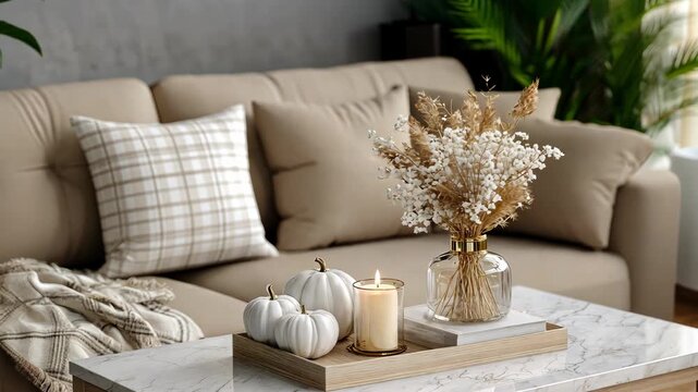 Cozy autumn home decor with white pumpkins, a candle, and dried flowers on a marble table in a warm living room setting