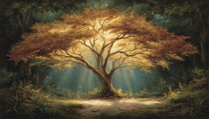 Golden light illuminates a majestic tree in a dense forest.  Sunlight beams through the canopy, highlighting the tree's branches and leaves, casting a warm glow on the forest floor