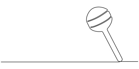 Continuous line drawing of lollipop, spiral hard sugar candy on stick. Vector sketch of round caramel with striped swirls in one black contour isolated on white background, One line Lollypop. Simple. 