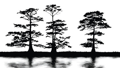 Elegant silhouettes of trees reflecting in calm water ideal for nature backgrounds and scenic designs with a peaceful aesthetic