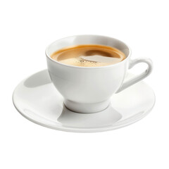 A white ceramic espresso cup filled with dark brown coffee, sitting on a saucer