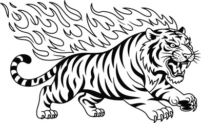 Fierce tiger with flames on its back big cat feline