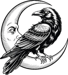 Raven perched on crescent moon with face crow night