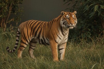 Obraz premium Majestic tiger standing in zoo grass, sunset