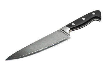 A stainless steel chef's knife with a black handle