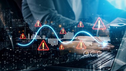 Economic caution visual showing risk alerts and financial volatility. Warning signs highlight economic downturn, market risk, finance crisis, and uncertainty in data-driven analysis. Muxer
