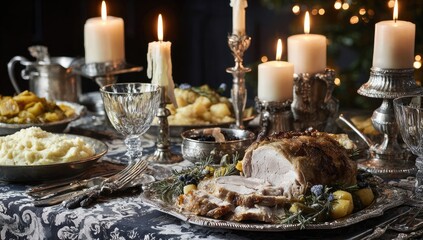 Festive holiday roast pork dinner.  Elegant table setting with roasted pork, mashed potatoes, and other side dishes, lit by candles and  ornamental candlesticks