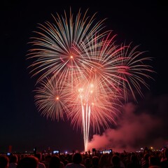 Fototapeta premium Spectacular Firework Display Lights Up the Night Sky Over a Cheering Crowd