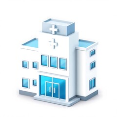 Fototapeta premium Modern white hospital building with blue windows and cross symbol