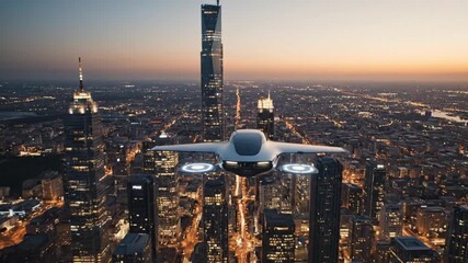 Personal Flying Car Launching from Urban Pad at Dusk - Powered by Adobe