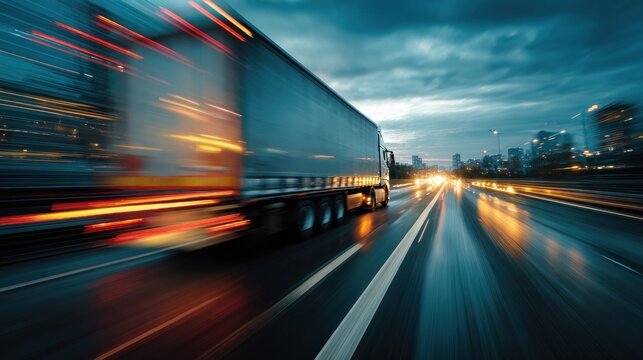 Night Highway Trucking: Motion Blur of a Semi-Truck on a Wet Road at Dusk