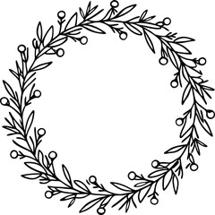 Elegant line art circular wreath crafted from delicate winter branches isolated on white background isolated on transparent background